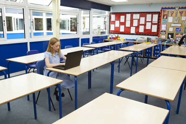 Primary school caucasian girl using a laptop in an empty classroom