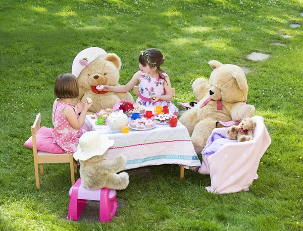 Podwyższony widok dwóch młodych dziewcząt grając Teddy Bears piknik — Zdjęcie stockowe