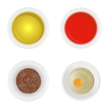 Farklı malzemelerle kase kümesi: zeytin yağı, ketçap, baharat ve çiğ yumurta. Beyaz arka plan üzerinde izole vektör çizim