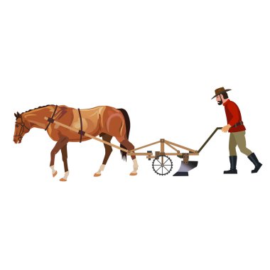 Farmer plowing field with horse. Vector illustration clipart