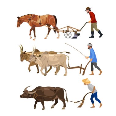 Farmers plows the land with various animals - horse, oxen, carabao. Set of vector illustrations isolated on white background clipart
