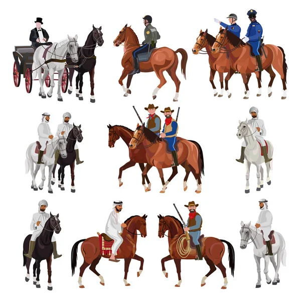 Horsebacks 上的骑手 在白色背景上隔离的矢量插图集 — 图库矢量图片