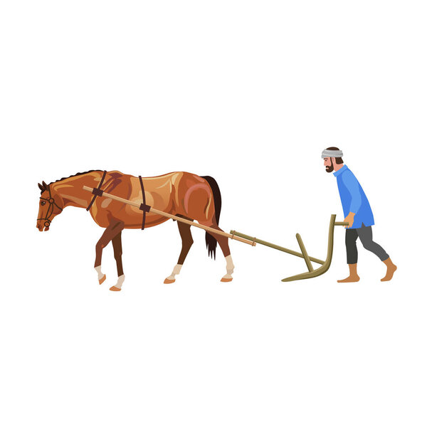 Farmer plowing field with horse. Vector illustration isolated on white background