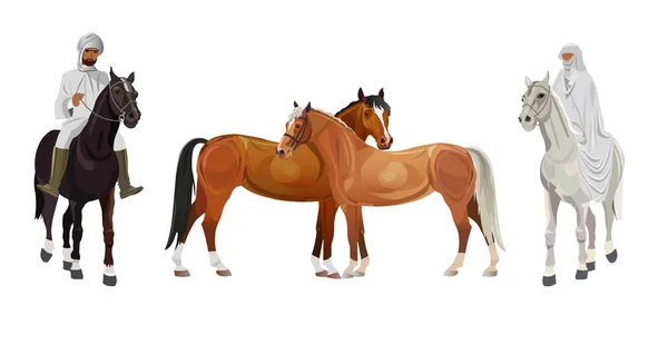Uomini Donne Arabi Abito Tradizionale Cavallo Illustrazione Vettoriale Isolata Sfondo — Vettoriale Stock