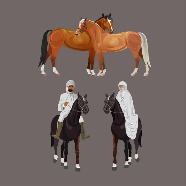 Cavalieri Arabi Abito Tradizionale Cavalli Illustrazione Vettoriale Isolata Sfondo Bianco — Vettoriale Stock