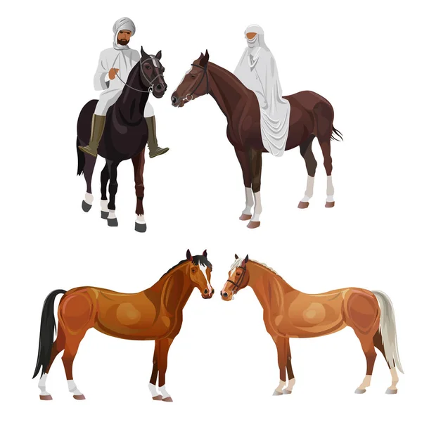 Cavaleiros Árabes Trajes Tradicionais Cavalos Ilustração Vetorial Isolada Sobre Fundo — Vetor de Stock