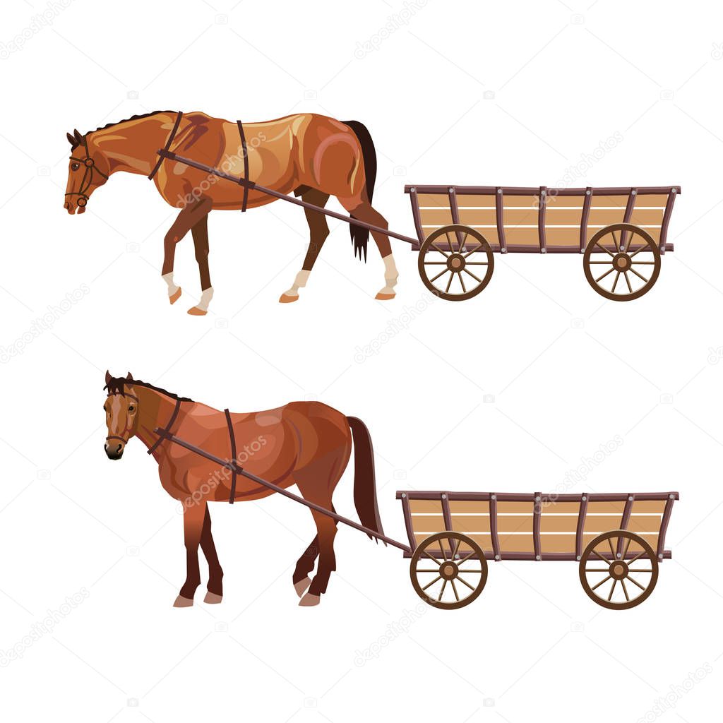 Horse with cart. Set of vector illustration isolated on white background