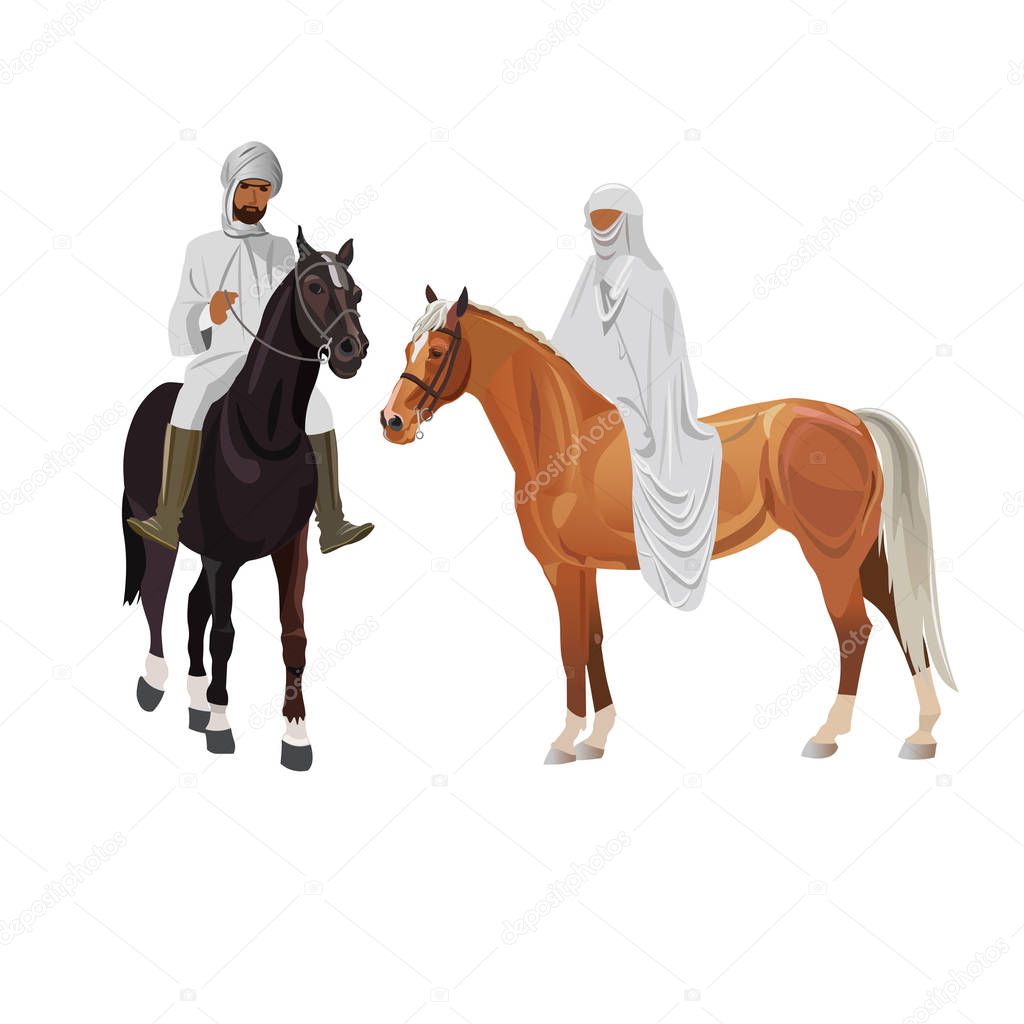 Arab man and woman in traditional dress on horseback . Vector illustration isolated on white background