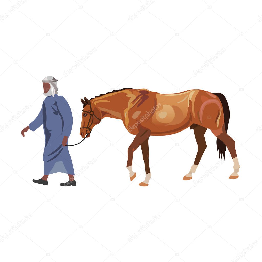 Arab man in a traditional outfit leads a racing horse. Vector illustration isolated on white background