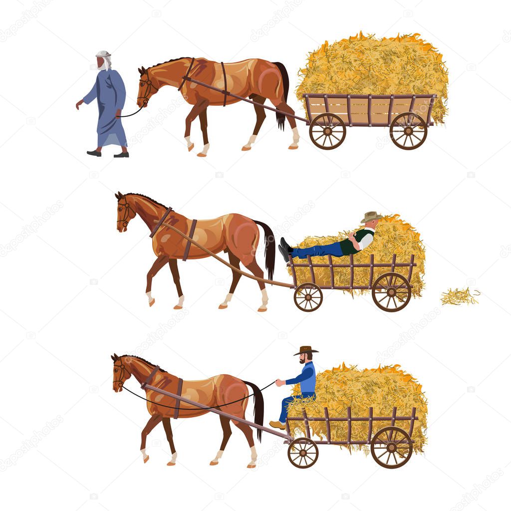 Horse-drawn cart with hay. Set of vector illustration isolated on white background