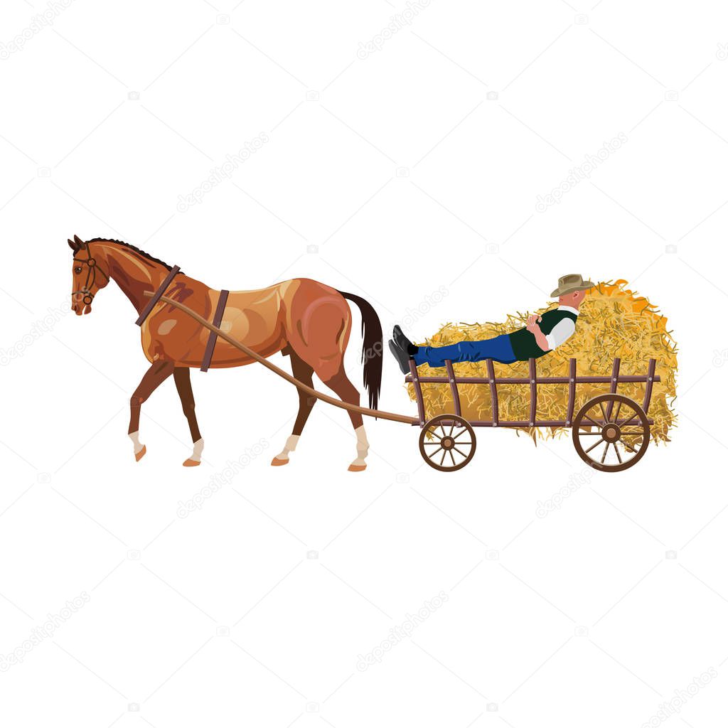 Horse with cart of hay. Vector illustration isolated on white background