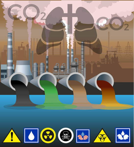 Загрязнение окружающей среды Сброс сточных вод. Векторная иллюстрация
