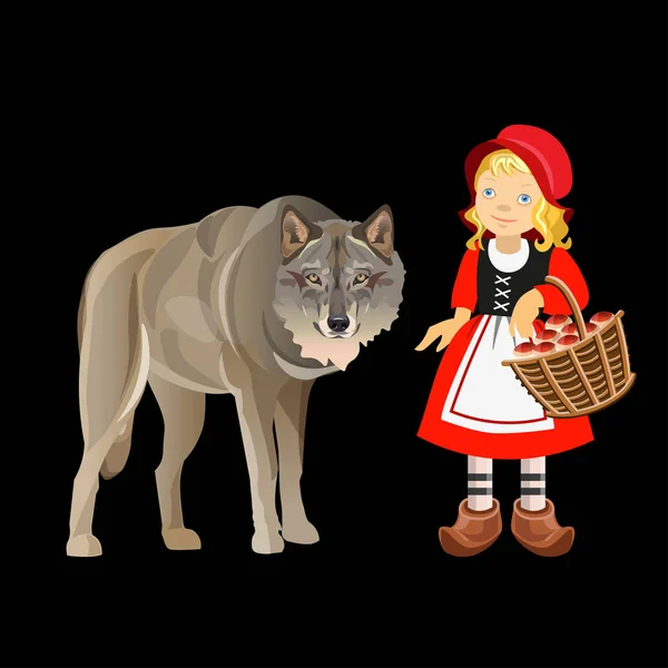 Little Red Riding Hood Szürke Farkas Elszigetelt Sötét Háttér Vektor — Stock Vector