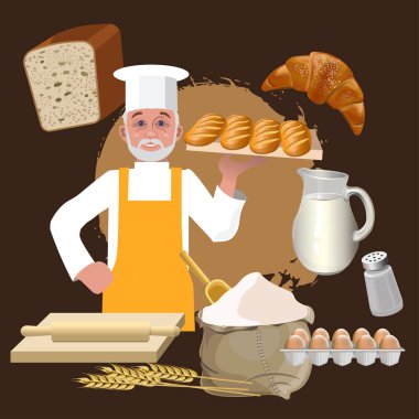 Ekmek fırıncı ve pişirme nesneleri ile ayarla. Vektör illüstrasyon izole koyu arka plan üzerinde