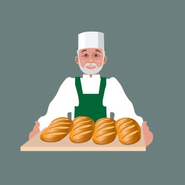 Baker elinde bir tepsi ile organik taze ekmek yaptım. Vektör illüstrasyon izole gri arka plan üzerinde