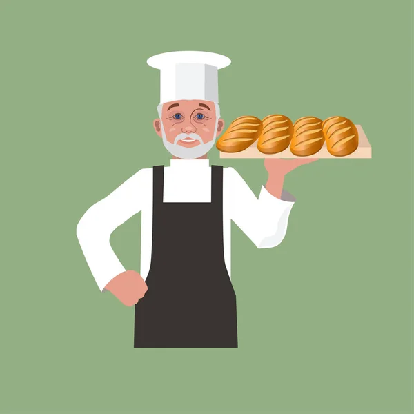 Boulanger Vieil Homme Tenant Une Assiette Avec Des Pains Illustration — Image vectorielle