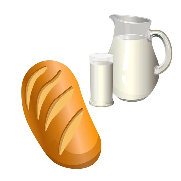 Laib Brot Mit Einem Krug Und Einem Glas Milch Vektor — Stockvektor