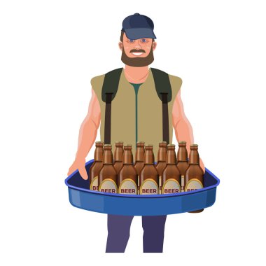 İşportacı bira hawker tepsisi ile. Beyaz arka plan üzerinde izole vektör çizim