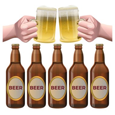 Oktoberfest poster için öğeleri kümesi. Bira gözlük ve bira şişesi holding iki eller. Beyaz arka plan üzerinde izole vektör çizim