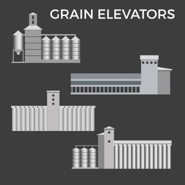 Industrial buildings of the granaries. Warehouse of grain crops. Vector illustration isolated on dark background clipart