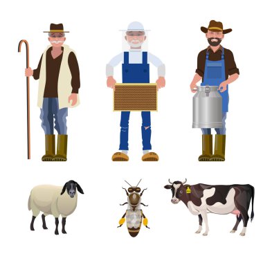 Set of people of different agricultural professions together with its products: milkman, beekeeper and shepherd. Vector illustration isolated on white background clipart