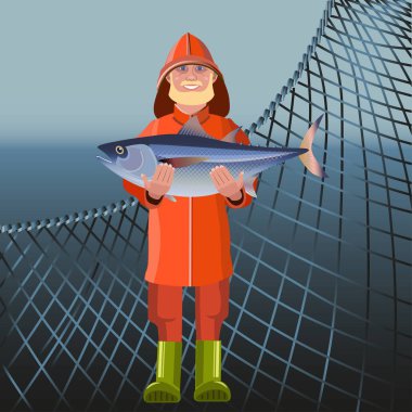 Fisherman in waterproof suit holding big fish. Vector illustration clipart