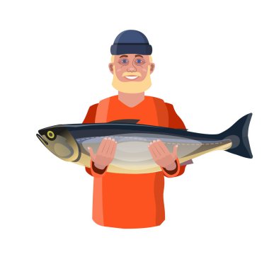 Mutlu balıkçı gösteren büyük balık. Beyaz arka plan üzerinde izole vektör çizim