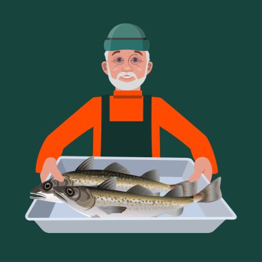 Balık kapsayıcı tutan adam. Beyaz arka plan üzerinde izole vektör çizim