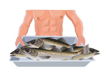 Erkekler ellerini bir tepsi ile taze yakalanmış balık tutmak. Beyaz arka plan üzerinde izole vektör çizim