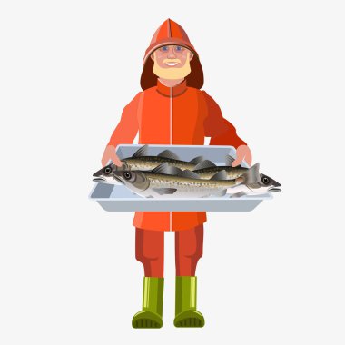 Tepsi balık tutan adam. Beyaz arka plan üzerinde izole vektör çizim