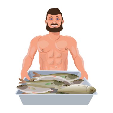 Yetişkin çıplak gövde bir tepsi balık tutan adam. Beyaz arka plan üzerinde izole vektör çizim
