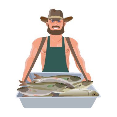 Balık satıcı bir hawker'ın tepsi. Beyaz arka plan üzerinde izole vektör çizim