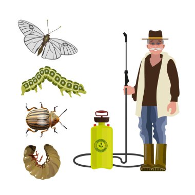 Exterminator with sprayer and agricultural pests: butterfly, caterpillar, beetle, larva. Vector illustration isolated on white background clipart