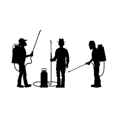 Bahçıvanlar bir püskürtücü ile. Beyaz arka plan üzerinde izole vector silhouettes kümesi