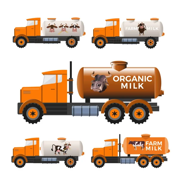 Conjunto Camiones Tanque Leche Vectorial Ilustración Aislada Sobre Fondo Blanco — Vector de stock