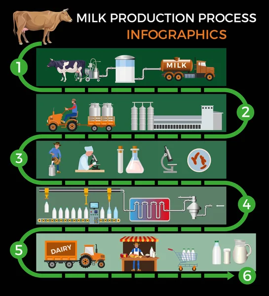 Produktionsstufen Und Verarbeitung Von Milch Vektor Illustration Isoliert Auf Dunklem — Stockvektor