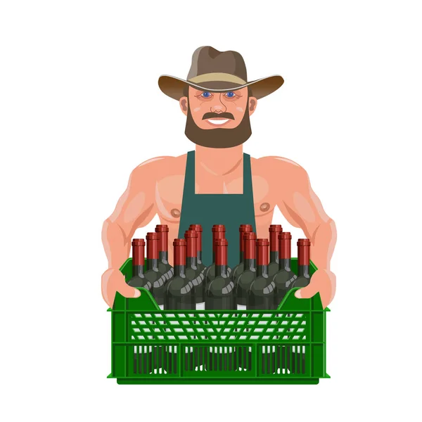 Homme Chapeau Tient Une Boîte Vin Rouge Illustration Vectorielle Isolée — Image vectorielle