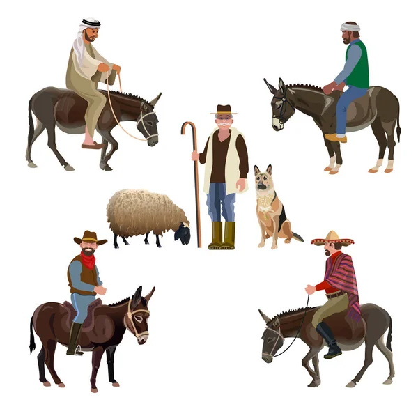 Conjunto Pastores Vectoriales Diferentes Nacionalidades Hombres Montando Burro Ilustración Vectorial — Archivo Imágenes Vectoriales