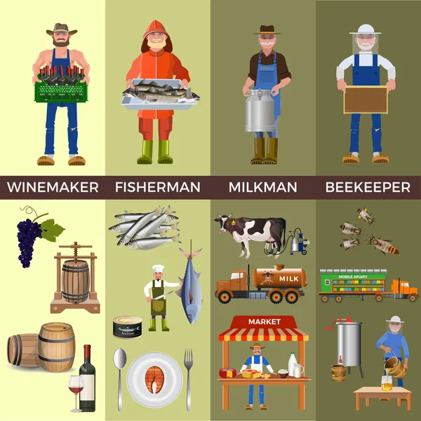 その製品と共にさまざまな職業の人々 のセット ワイン 養蜂家 白い背景で隔離のベクトル図 — ストックベクタ