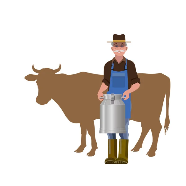 Zemědělec Konve Mléka Proti Siluetu Krávy Vektorové Ilustrace Izolované Bílém — Stockový vektor