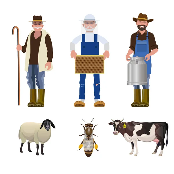 Ensemble Personnes Différentes Professions Agricoles Avec Ses Produits Laitier Apiculteur — Image vectorielle