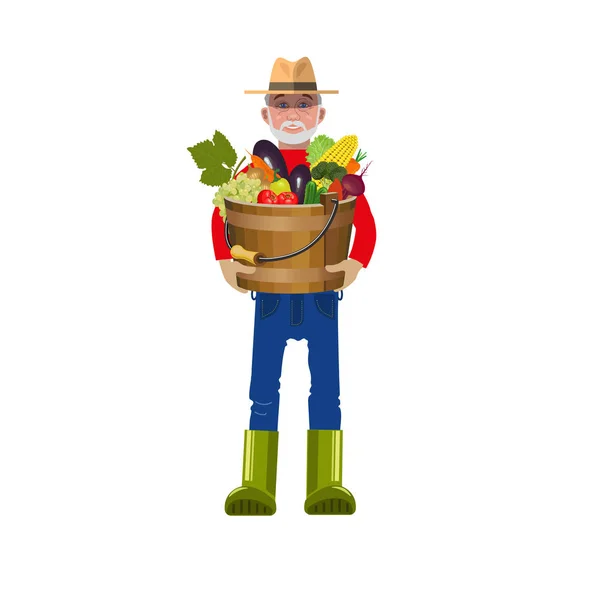 Agricultor Segurando Balde Madeira Com Legumes Ilustração Vetorial — Vetor de Stock