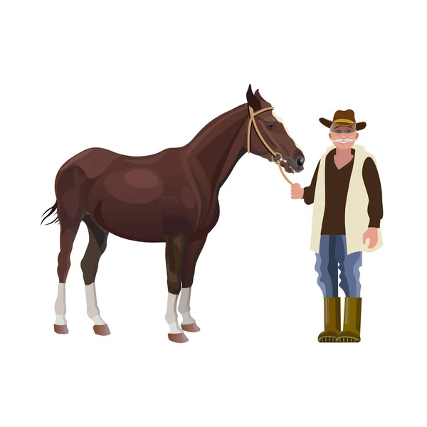 农夫牵着马的缰绳 在白色背景查出的向量例证 — 图库矢量图片