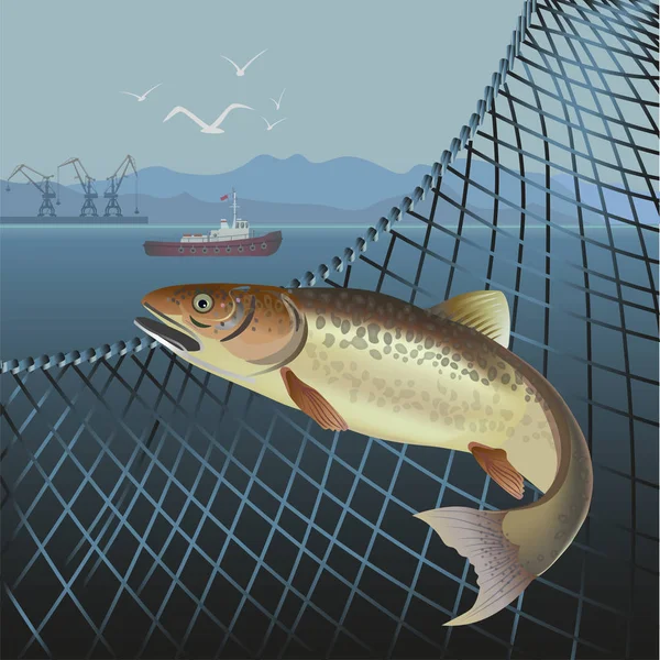 Vissen Springen Uit Het Net Zee Landschap Vectorillustratie — Stockvector