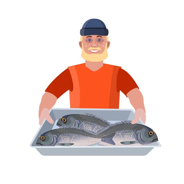 Hombre Sosteniendo Bandeja Con Pescado Ilustración Vectorial Aislada Sobre Fondo — Vector de stock