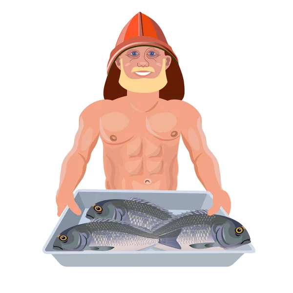 裸露的胸部肌肉男子与托盘鱼的肖像 在白色背景查出的向量例证 — 图库矢量图片