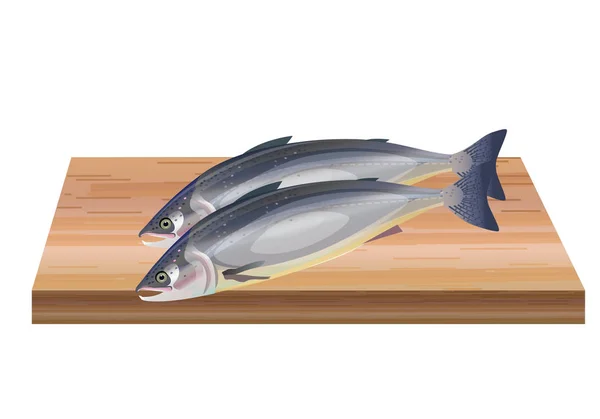 Dos Salmones Una Tabla Cortar Madera Ilustración Vectorial Aislada Sobre — Vector de stock