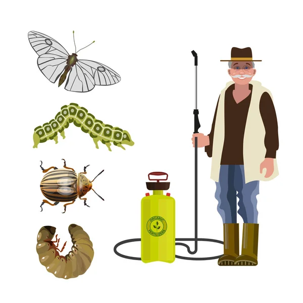 Exterminator Sprayer Agricultural Pests Butterfly Caterpillar Beetle Larva Vector Illustration — Stock Vector