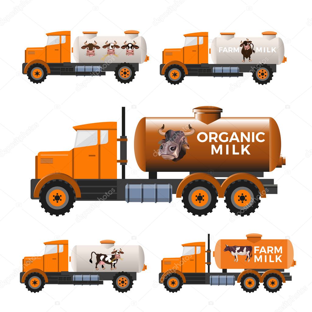 Set of vector milk tank trucks. Illustration isolated on white background