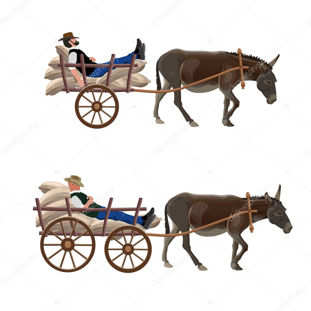 Man is lying in a donkey cart in different poses. Set of vector illustration isolated on white background